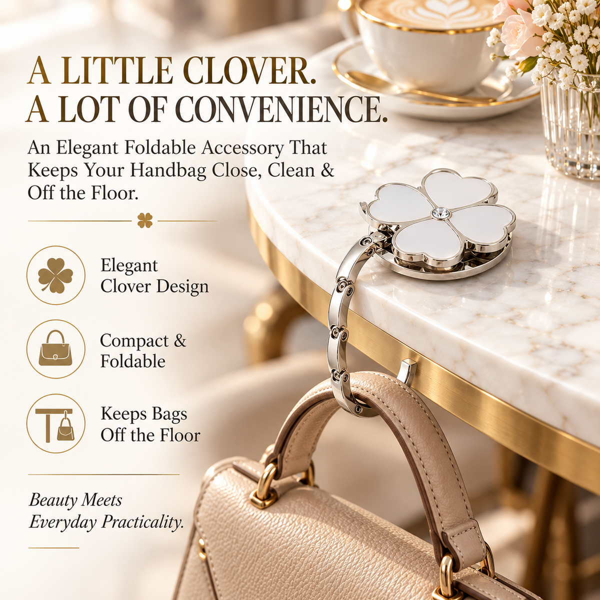 Elegant Four-Leaf Clover Foldable Purse Hanger – Portable Table Bag Hook