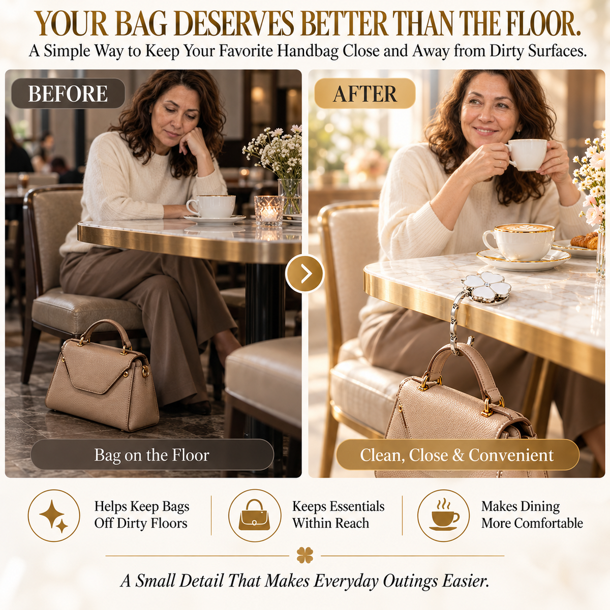 Elegant Four-Leaf Clover Foldable Purse Hanger – Portable Table Bag Hook
