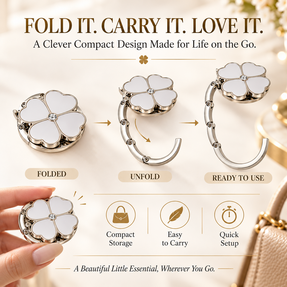 Elegant Four-Leaf Clover Foldable Purse Hanger – Portable Table Bag Hook