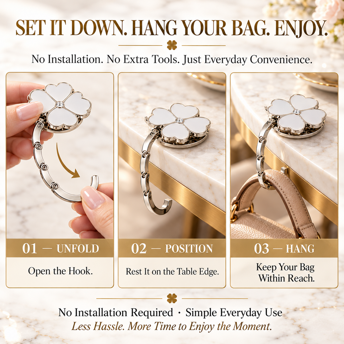 Elegant Four-Leaf Clover Foldable Purse Hanger – Portable Table Bag Hook