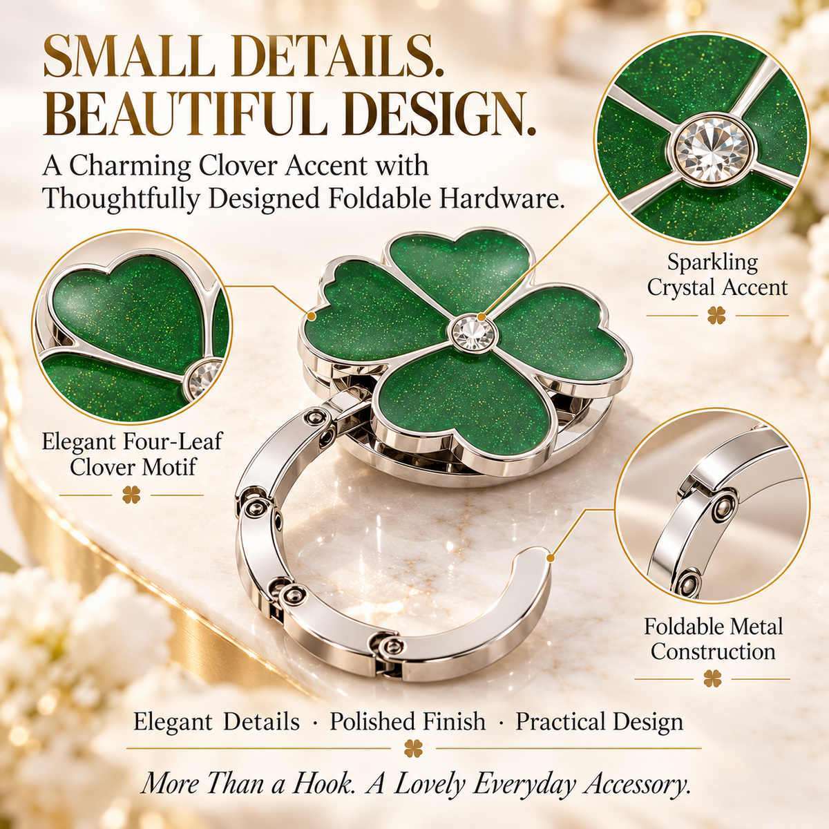 Elegant Four-Leaf Clover Foldable Purse Hanger – Portable Table Bag Hook