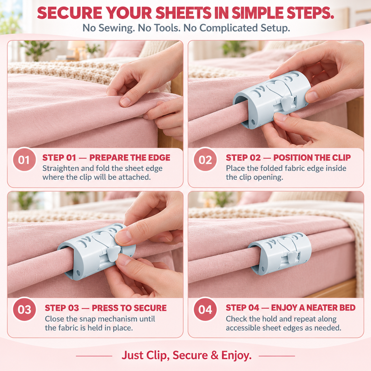 Adjustable Bed Sheet Gripper Clips – 2-Setting Anti-Slip, No-Pin Fasteners