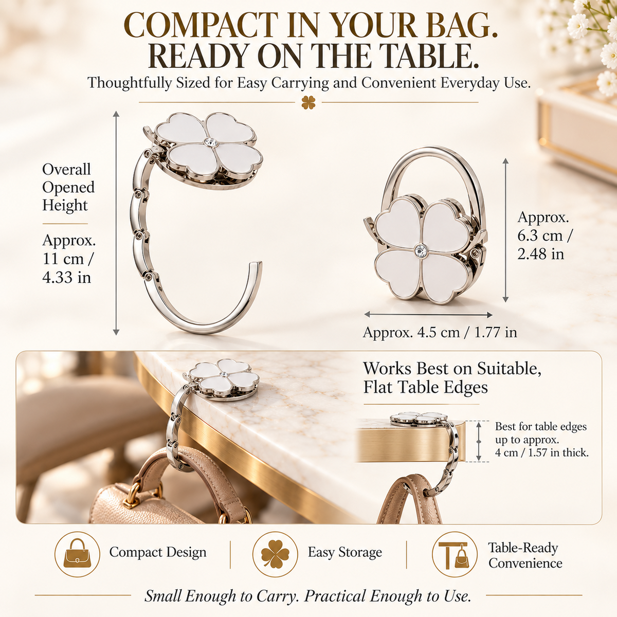 Elegant Four-Leaf Clover Foldable Purse Hanger – Portable Table Bag Hook