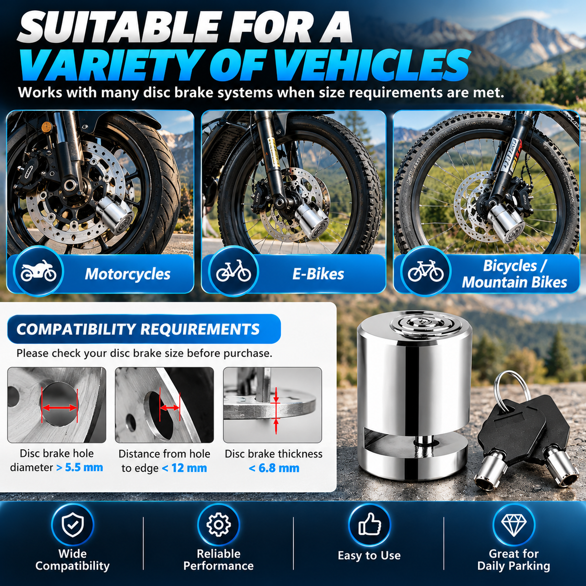 Heavy-Duty Disc Brake Lock – Anti-Theft Security Lock for Motorcycles, E-Bikes & Bicycles