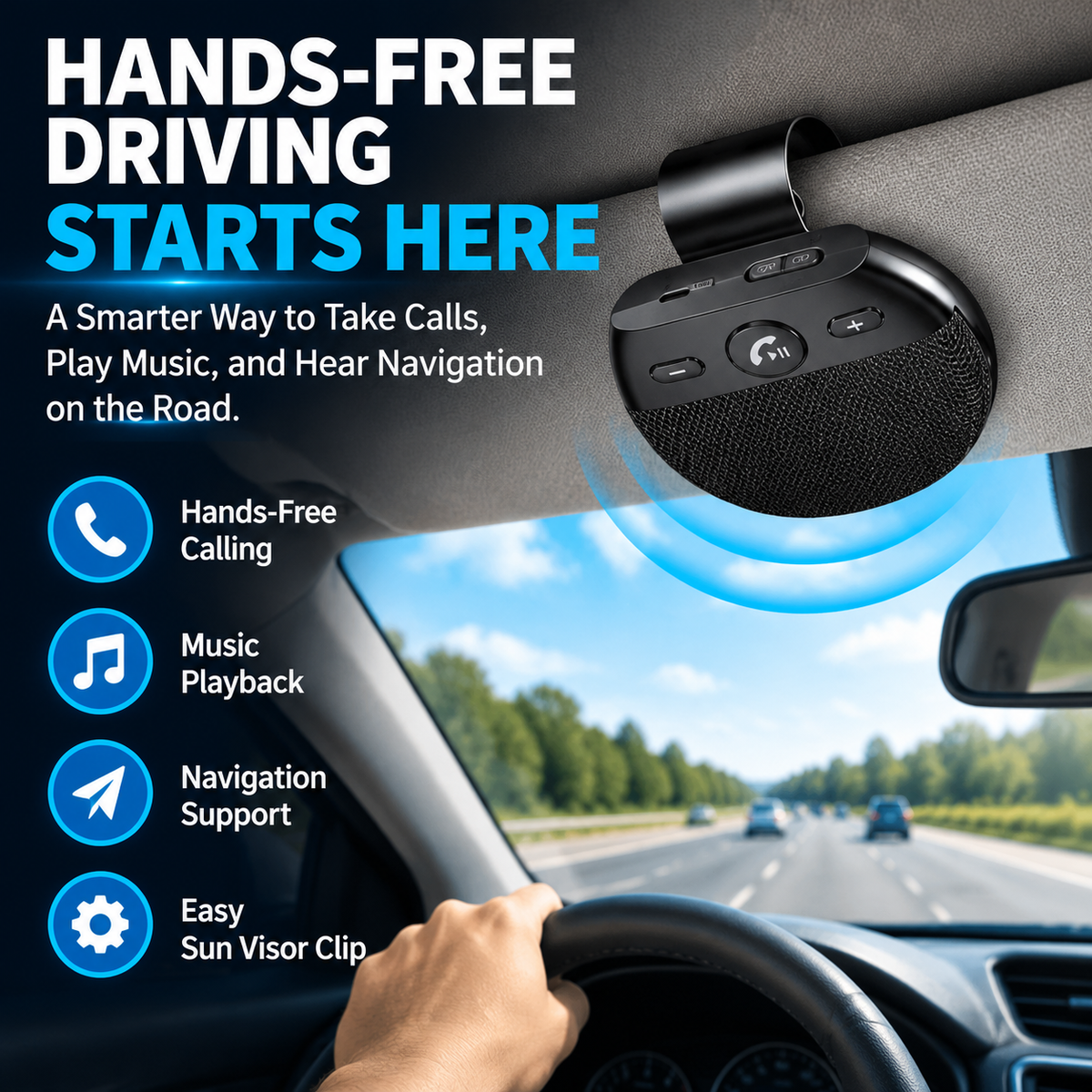 Bluetooth 5.0 Car Sun Visor Speakerphone – Hands-Free Calling, Voice Broadcast & Music Playback