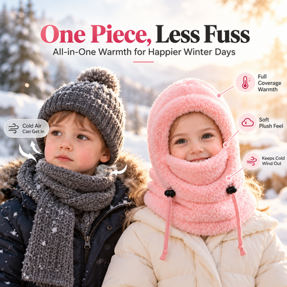 ❄️ Kids Winter Balaclava Hat – 3-in-1 Soft Plush Fleece Hood, Face Cover & Neck Warmer for Boys and Girls
