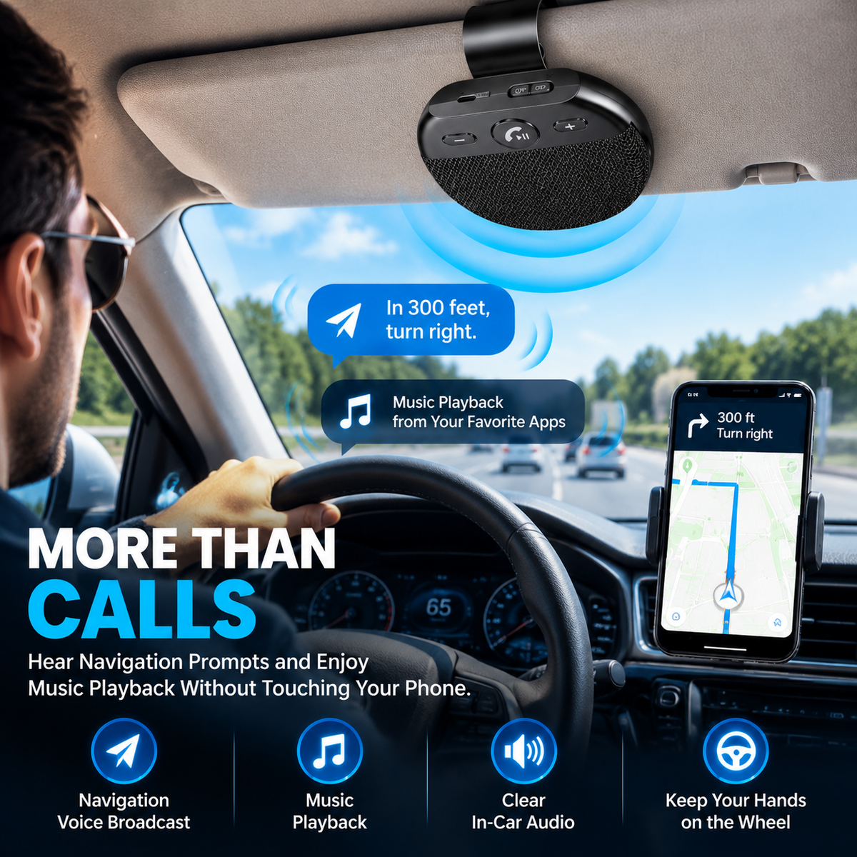 Bluetooth 5.0 Car Sun Visor Speakerphone – Hands-Free Calling, Voice Broadcast & Music Playback