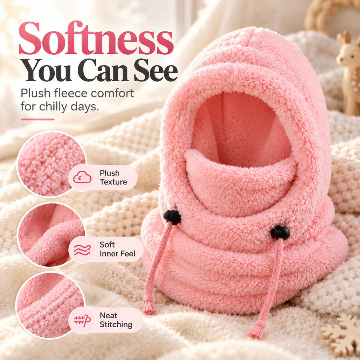 ❄️ Kids Winter Balaclava Hat – 3-in-1 Soft Plush Fleece Hood, Face Cover & Neck Warmer for Boys and Girls