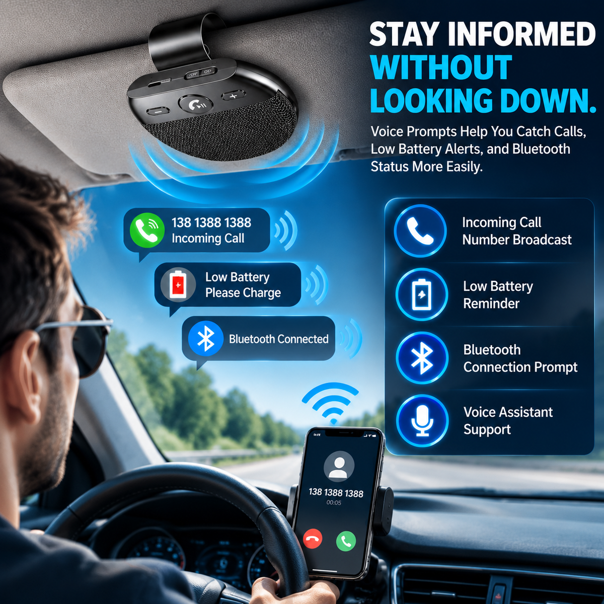 Bluetooth 5.0 Car Sun Visor Speakerphone – Hands-Free Calling, Voice Broadcast & Music Playback