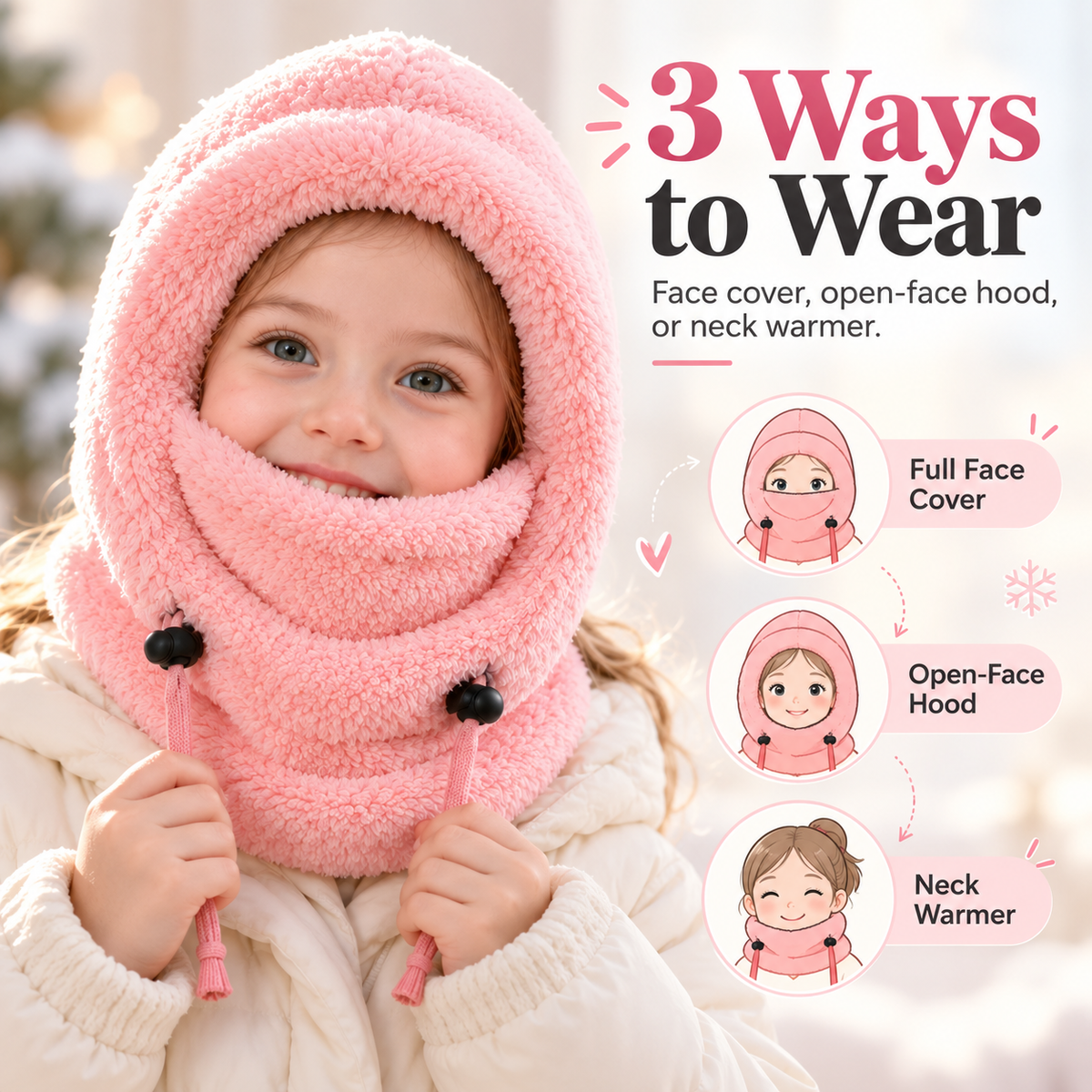 ❄️ Kids Winter Balaclava Hat – 3-in-1 Soft Plush Fleece Hood, Face Cover & Neck Warmer for Boys and Girls