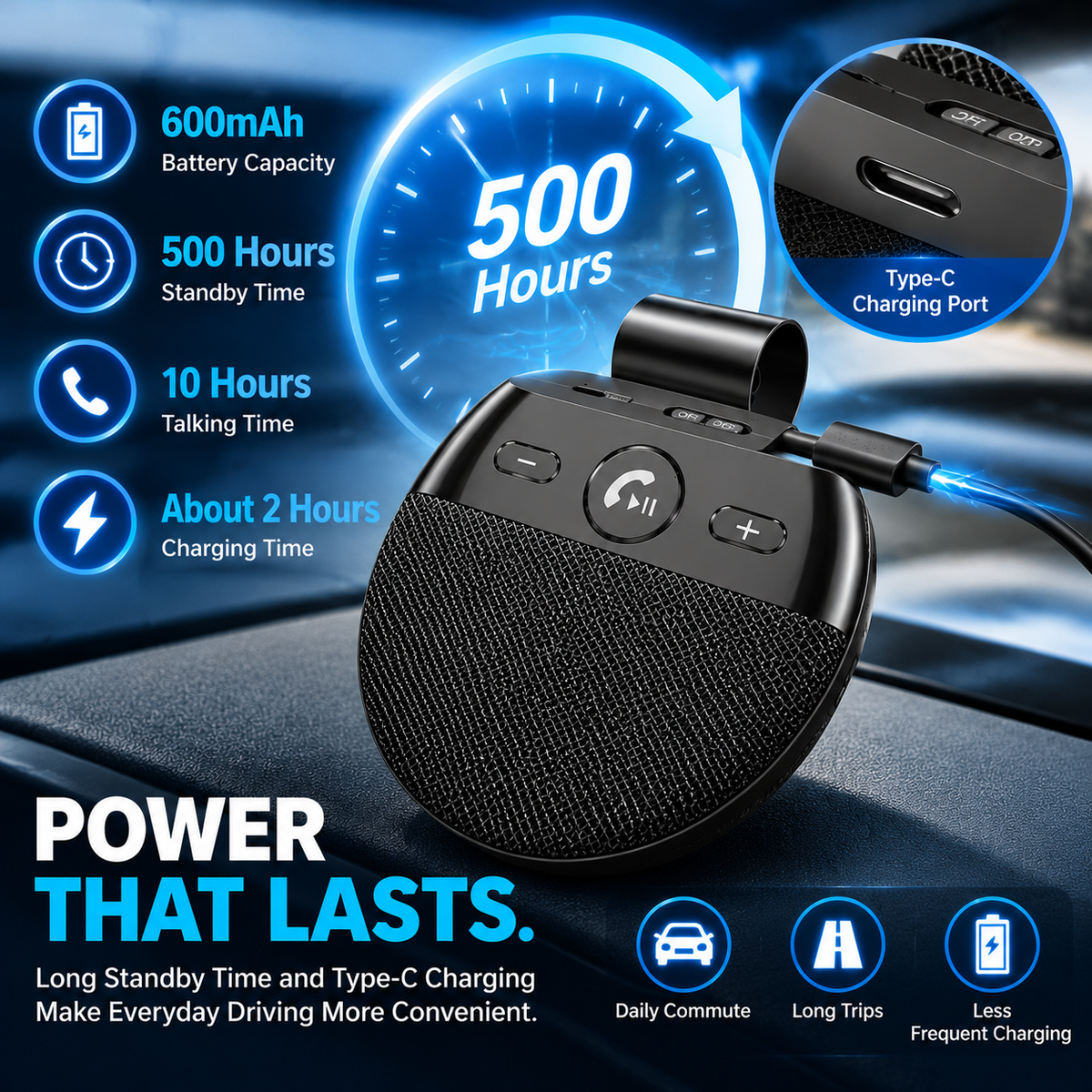 Bluetooth 5.0 Car Sun Visor Speakerphone – Hands-Free Calling, Voice Broadcast & Music Playback