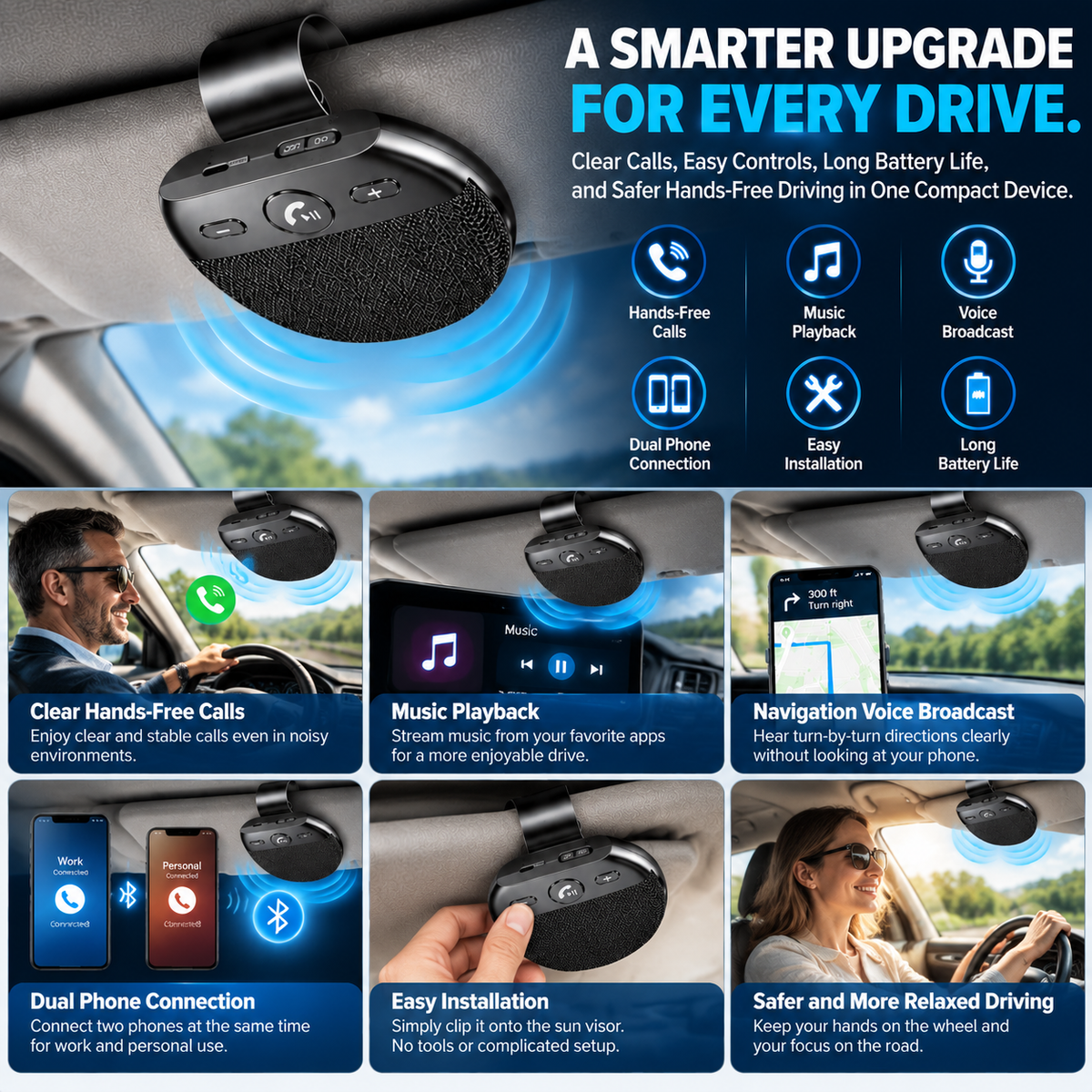 Bluetooth 5.0 Car Sun Visor Speakerphone – Hands-Free Calling, Voice Broadcast & Music Playback
