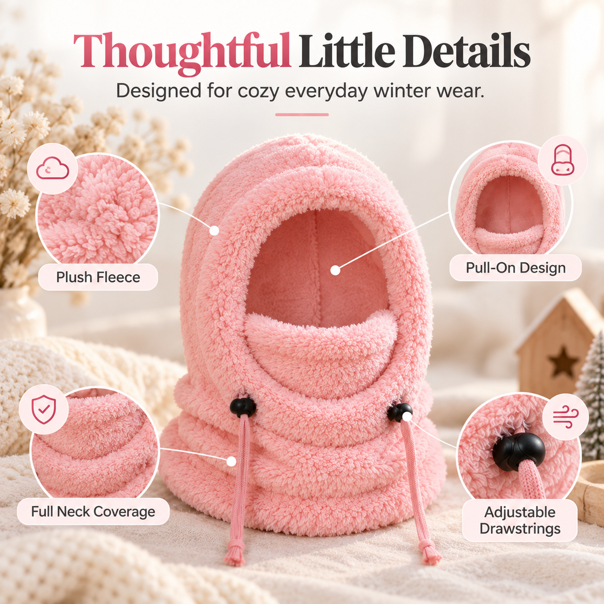 ❄️ Kids Winter Balaclava Hat – 3-in-1 Soft Plush Fleece Hood, Face Cover & Neck Warmer for Boys and Girls