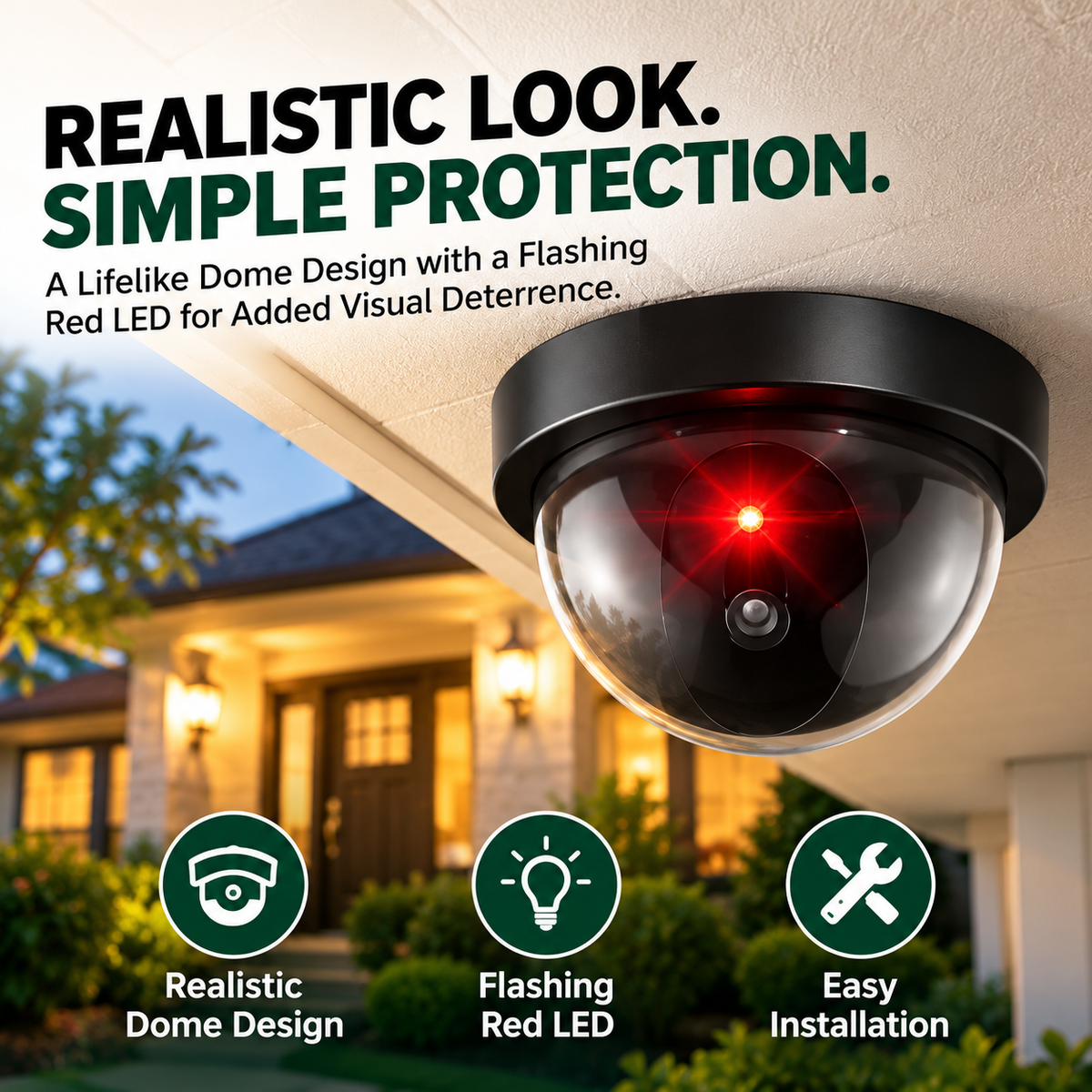 Realistic Dummy Dome Security Camera – Flashing Red LED, Easy Installation