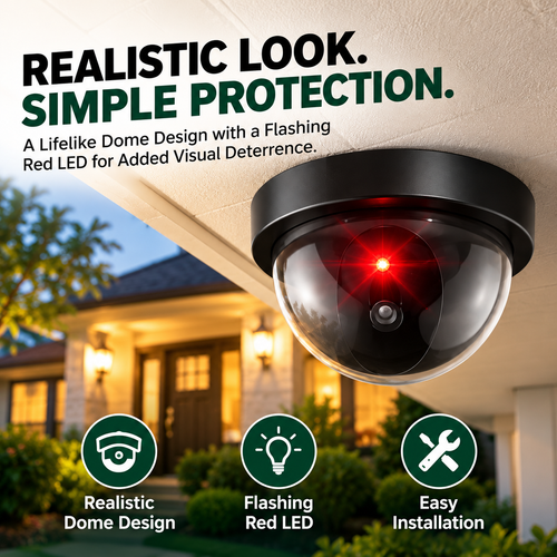Realistic Dummy Dome Security Camera – Flashing Red LED, Easy Installation