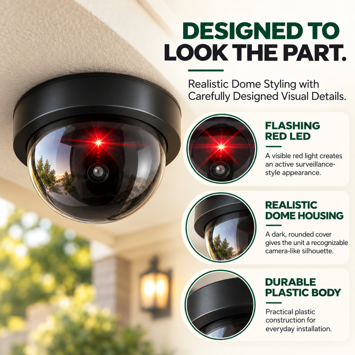 Realistic Dummy Dome Security Camera – Flashing Red LED, Easy Installation