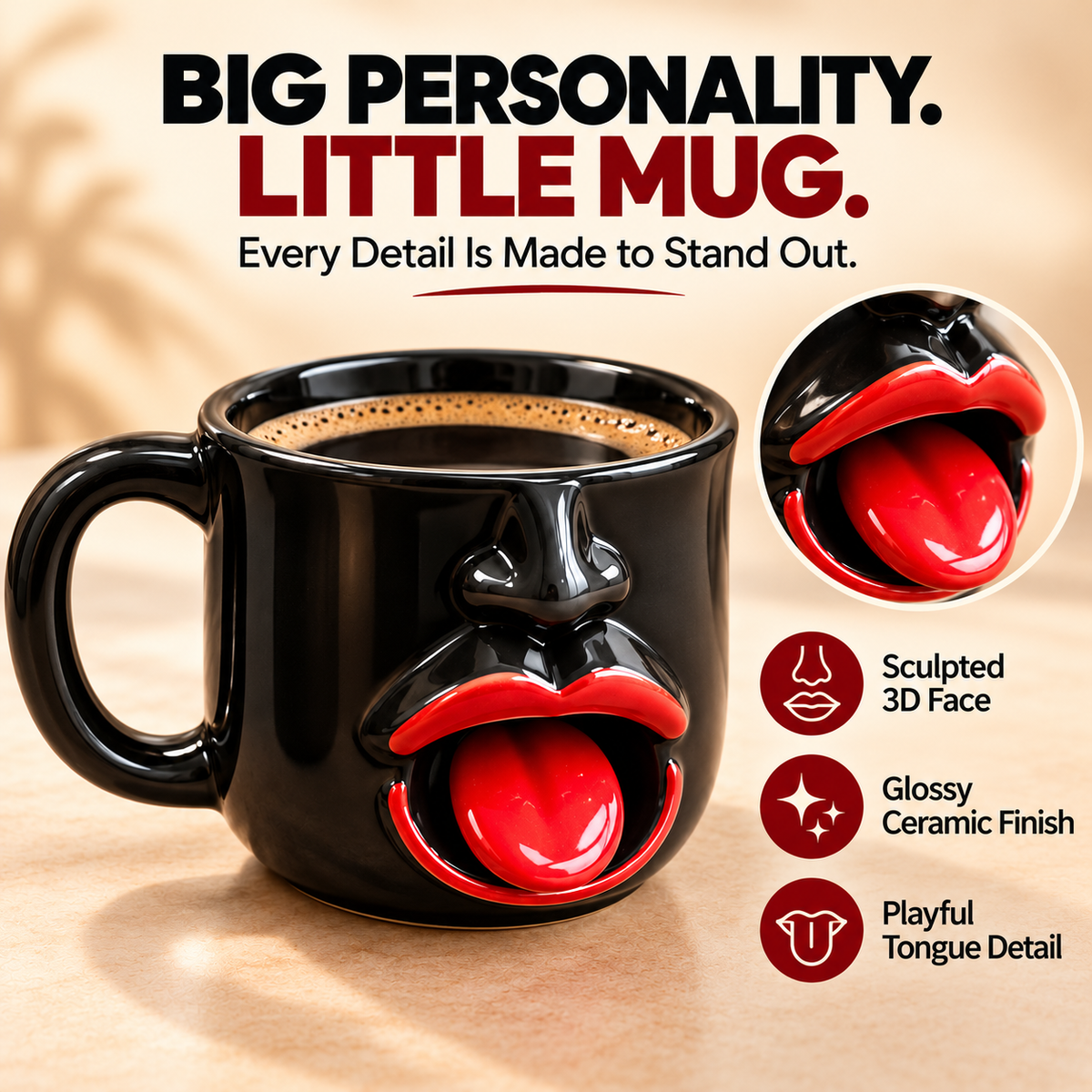 Funny 3D Face Ceramic Coffee Mug with Wobbly Tongue – Unique Novelty Gift