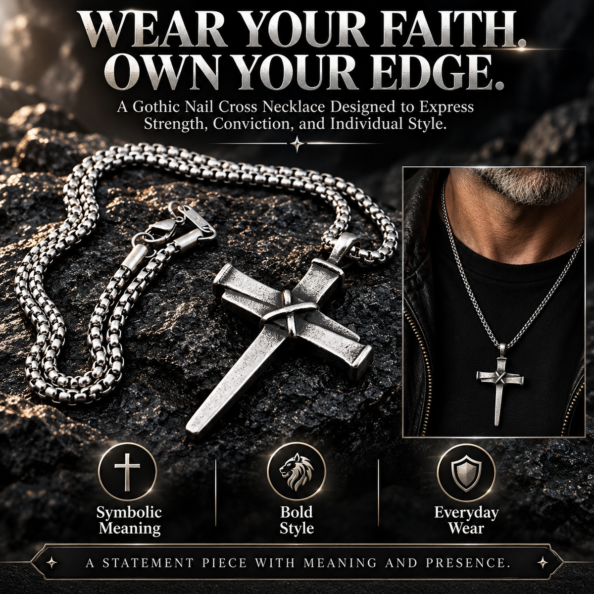 Men’s Vintage Gothic Nail Cross Pendant Necklace – Symbol of Faith & Strength