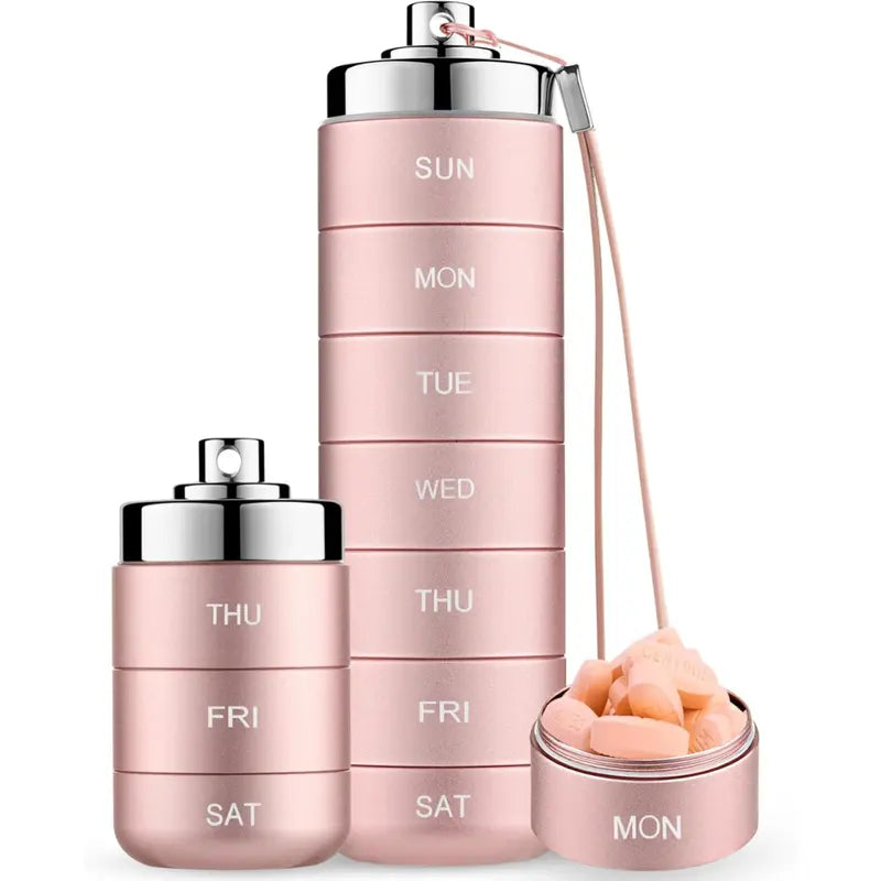 7-Day Stackable Metal Pill Organizer – Waterproof Travel Pill Case with Twist-Lock Compartments & Engraved Day Labels