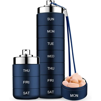 7-Day Stackable Metal Pill Organizer – Waterproof Travel Pill Case with Twist-Lock Compartments & Engraved Day Labels