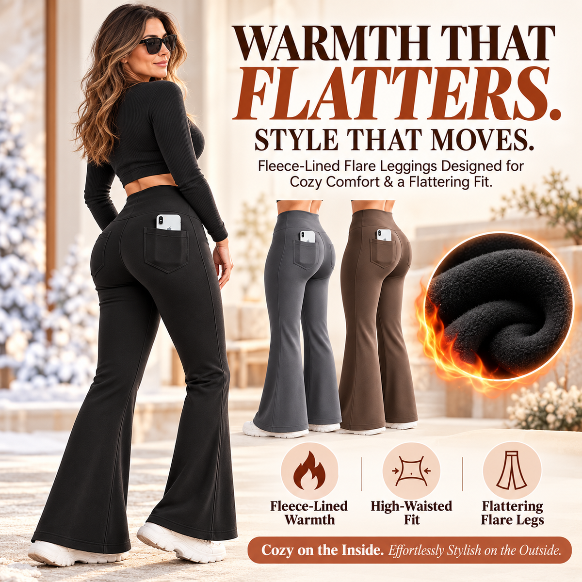 Women's Fleece-Lined Flare Leggings with Pockets – High-Waisted Tummy Control Thermal Pants