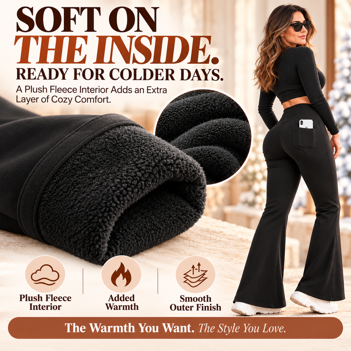 Women's Fleece-Lined Flare Leggings with Pockets – High-Waisted Tummy Control Thermal Pants