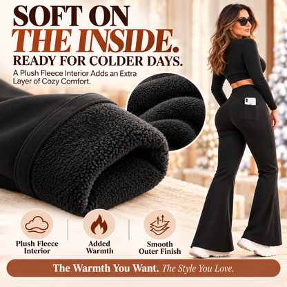 Women's Fleece-Lined Flare Leggings with Pockets – High-Waisted Tummy Control Thermal Pants