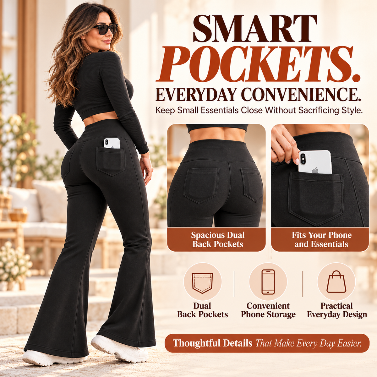 Women's Fleece-Lined Flare Leggings with Pockets – High-Waisted Tummy Control Thermal Pants