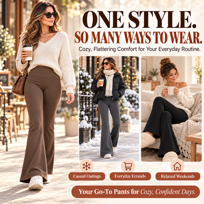 Women's Fleece-Lined Flare Leggings with Pockets – High-Waisted Tummy Control Thermal Pants