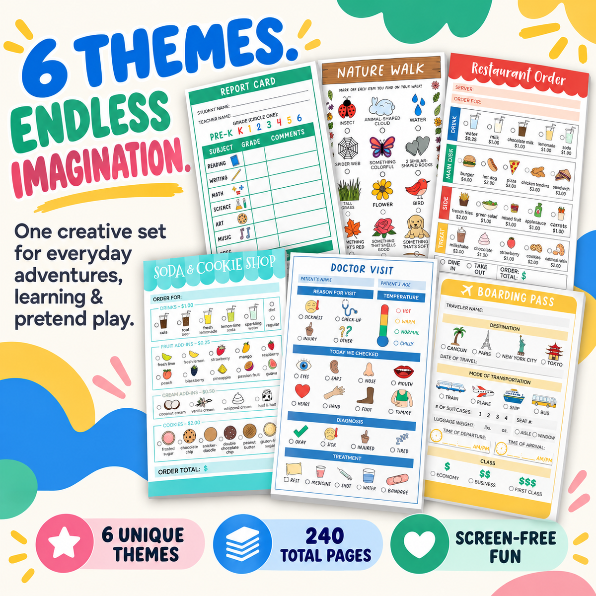 Kids Pretend Play Notepad Set – 6 Themed Activity Pads,for Imaginative Role Play & Early Learning
