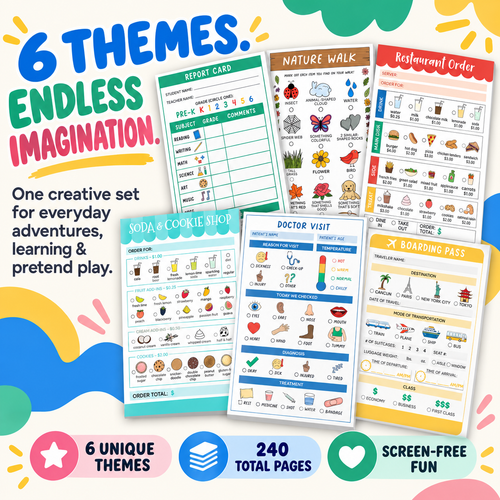 Kids Pretend Play Notepad Set – 6 Themed Activity Pads,for Imaginative Role Play & Early Learning