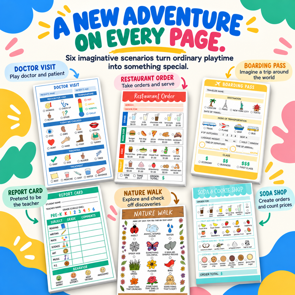 Kids Pretend Play Notepad Set – 6 Themed Activity Pads,for Imaginative Role Play & Early Learning