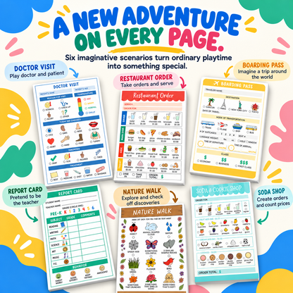 Kids Pretend Play Notepad Set – 6 Themed Activity Pads,for Imaginative Role Play & Early Learning