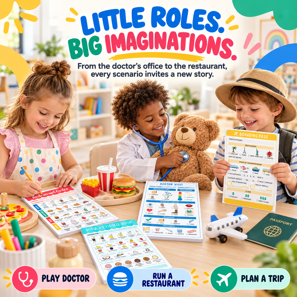 Kids Pretend Play Notepad Set – 6 Themed Activity Pads,for Imaginative Role Play & Early Learning