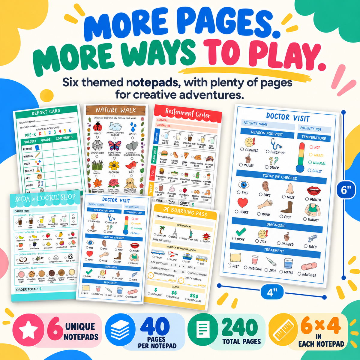 Kids Pretend Play Notepad Set – 6 Themed Activity Pads,for Imaginative Role Play & Early Learning