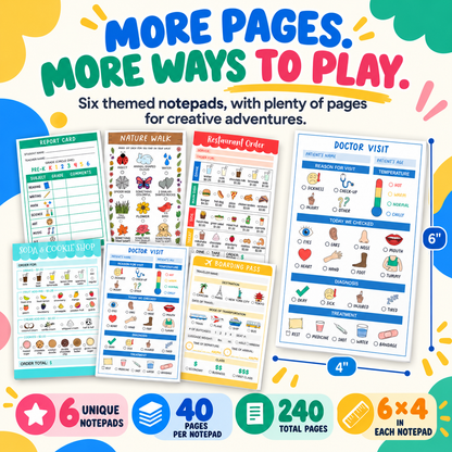 Kids Pretend Play Notepad Set – 6 Themed Activity Pads,for Imaginative Role Play & Early Learning