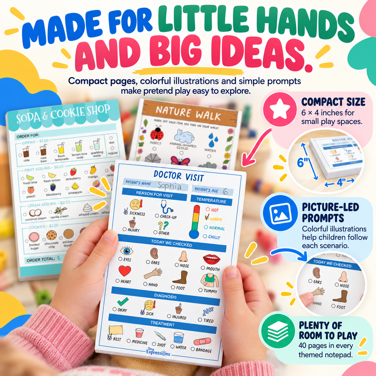 Kids Pretend Play Notepad Set – 6 Themed Activity Pads,for Imaginative Role Play & Early Learning