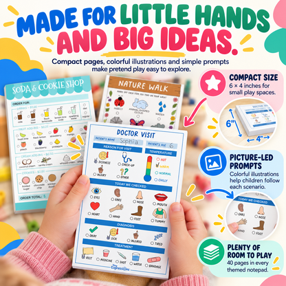 Kids Pretend Play Notepad Set – 6 Themed Activity Pads,for Imaginative Role Play & Early Learning