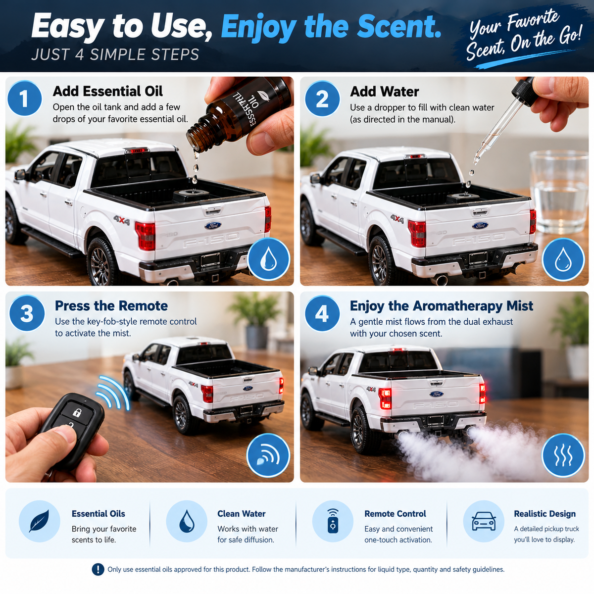 🚙 Realistic Pickup Truck Essential Oil Diffuser – Remote-Controlled Aromatherapy Mist with Exhaust Smoke Effect