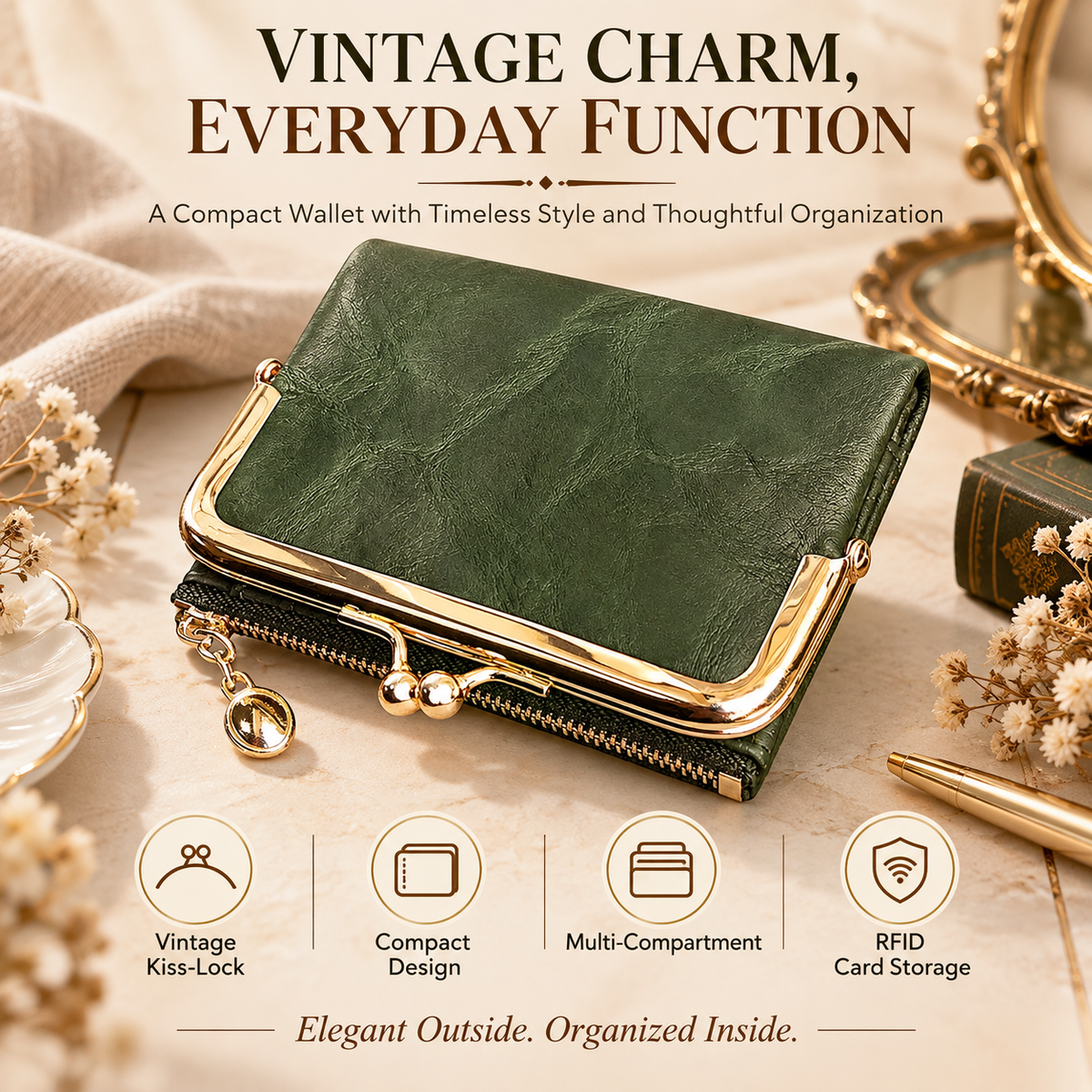 Vintage Kiss-Lock Women’s Compact Wallet – RFID Blocking Bifold with Card Slots, Coin Pocket & Zipper Storage