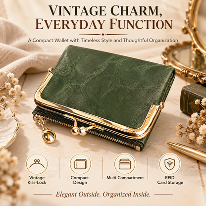Vintage Kiss-Lock Women’s Compact Wallet – RFID Blocking Bifold with Card Slots, Coin Pocket & Zipper Storage