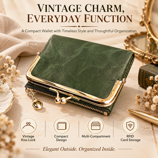 Vintage Kiss-Lock Women’s Compact Wallet – RFID Blocking Bifold with Card Slots, Coin Pocket & Zipper Storage