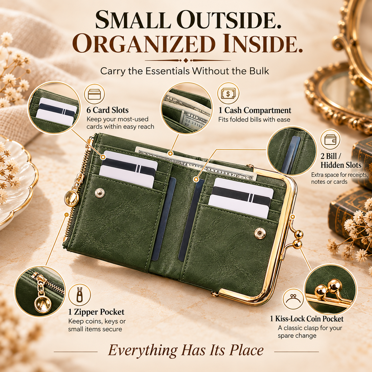 Vintage Kiss-Lock Women’s Compact Wallet – RFID Blocking Bifold with Card Slots, Coin Pocket & Zipper Storage