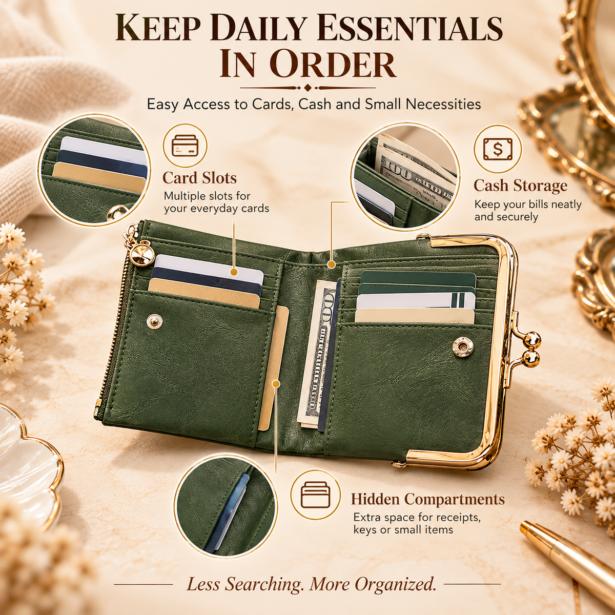Vintage Kiss-Lock Women’s Compact Wallet – RFID Blocking Bifold with Card Slots, Coin Pocket & Zipper Storage