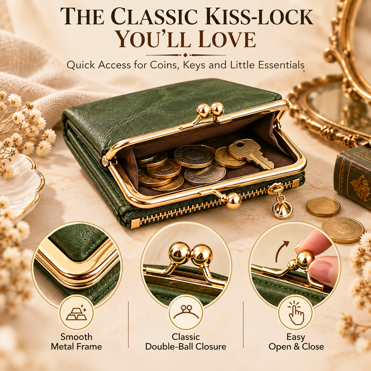 Vintage Kiss-Lock Women’s Compact Wallet – RFID Blocking Bifold with Card Slots, Coin Pocket & Zipper Storage