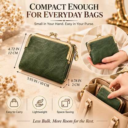 Vintage Kiss-Lock Women’s Compact Wallet – RFID Blocking Bifold with Card Slots, Coin Pocket & Zipper Storage