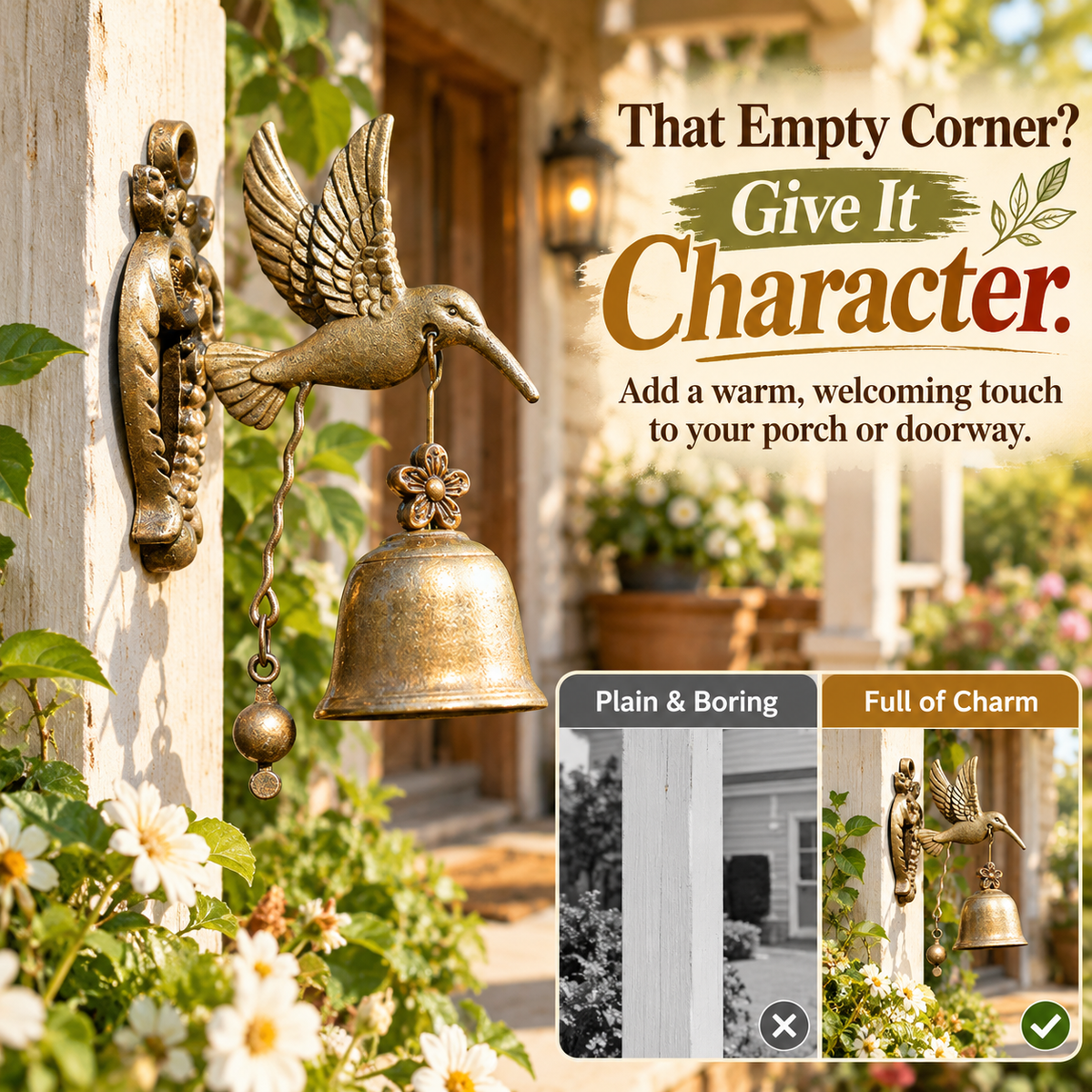 🔔 Vintage Hummingbird Doorbell – Antique Brass Hanging Bell for Home & Garden
