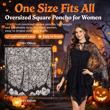 🕷️Halloween Gothic Spider Web Lace Poncho | Witch Cosplay Shawl with Bat Edge
