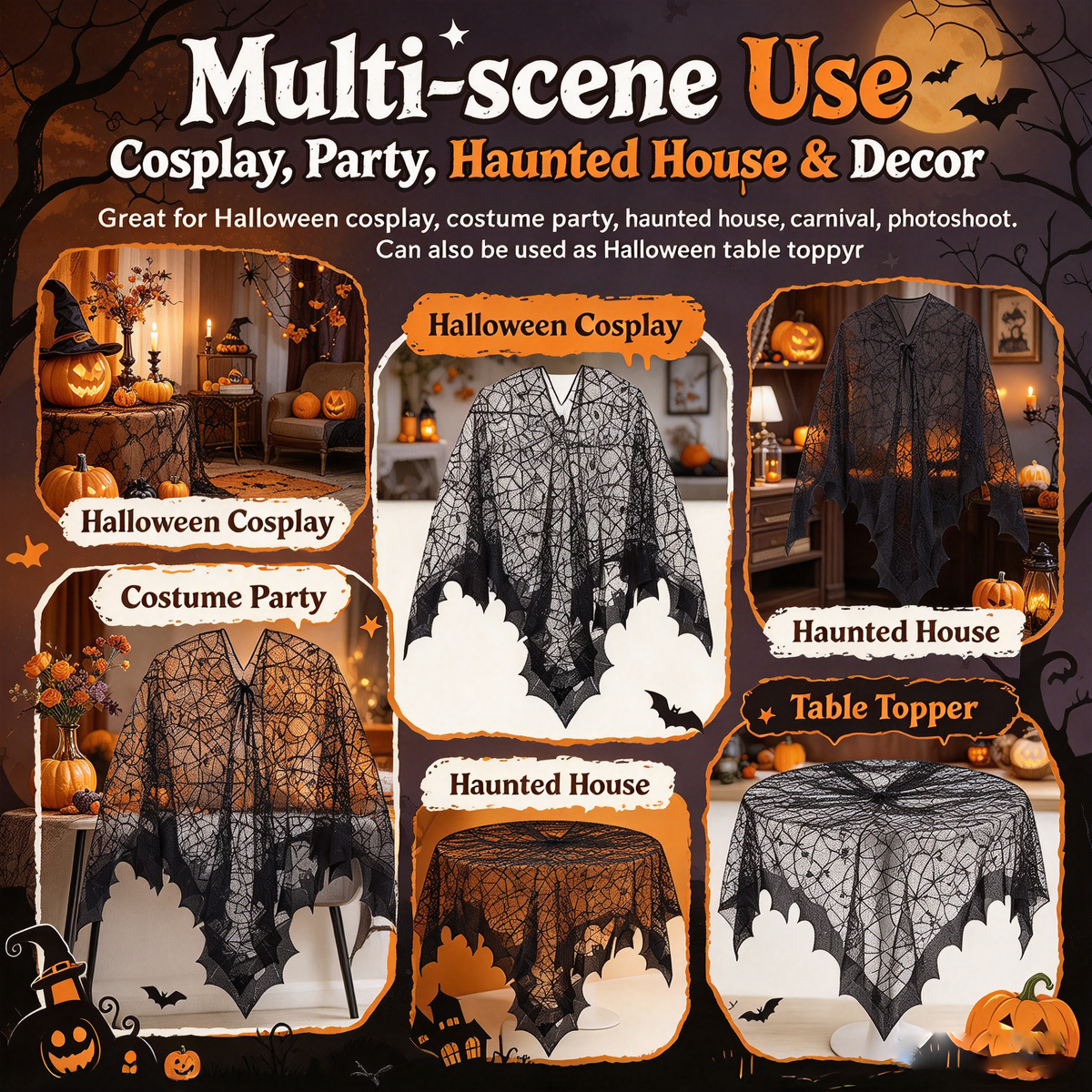 🕷️Halloween Gothic Spider Web Lace Poncho | Witch Cosplay Shawl with Bat Edge