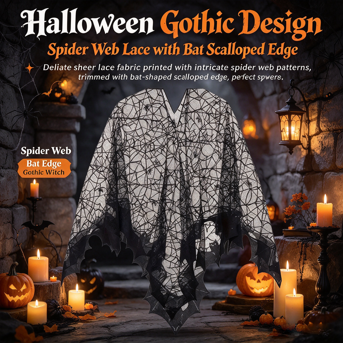🕷️Halloween Gothic Spider Web Lace Poncho | Witch Cosplay Shawl with Bat Edge